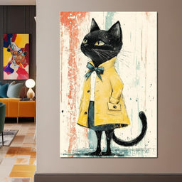 Elegant Feline in Yellow Rain Coat - NicheCanvas