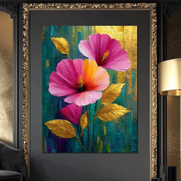 Teal Garden Golden Petals Flourish - NicheCanvas