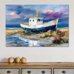 Coastal Boat Under Violet Sky - NicheCanvas