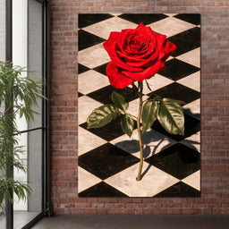 Red Rose on Checkerboard - NicheCanvas