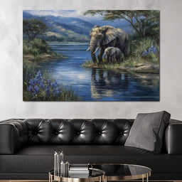 Elephant Family Riverbank Dream - NicheCanvas