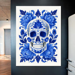 Blue Floral Sugar Skull Folkstyle - NicheCanvas