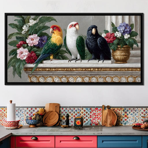 Parrot Trio On Florid Ledge Canvas Print
