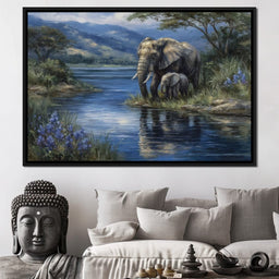 Elephant Family Riverbank Dream - NicheCanvas