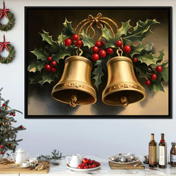 Golden Christmas Bells and Holly - NicheCanvas