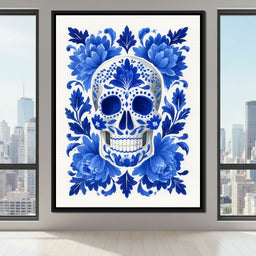 Blue Floral Sugar Skull Folkstyle - NicheCanvas