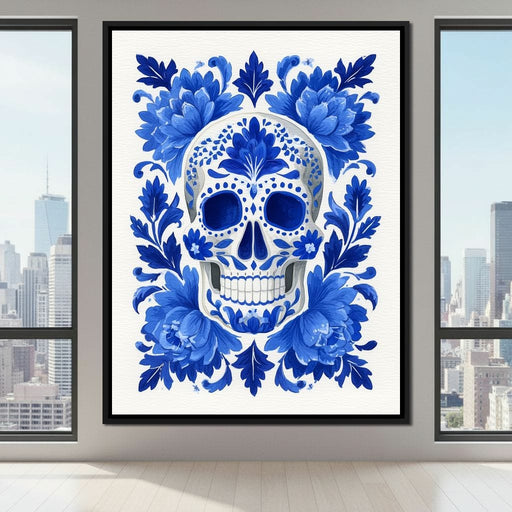 Blue Floral Sugar Skull Folkstyle Canvas Print