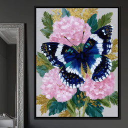 Blue Monarch on Pink Blossoms - NicheCanvas