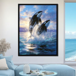 Breaching Orcas Dawn Ocean Dance - NicheCanvas