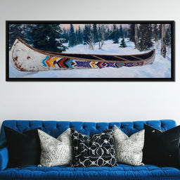 Painted Canoe Among Winter Pines - NicheCanvas