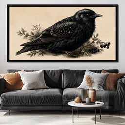Solitary Starling Perched Upon Wild Berries - NicheCanvas