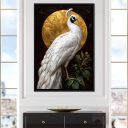 Golden Halo White Peacock Pose - NicheCanvas