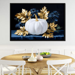 White Pumpkin And Golden Leaves - NicheCanvas