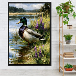 Solitary Mallard By The Still Shore - NicheCanvas