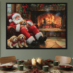 Santa Fireside Nap with Puppies - NicheCanvas