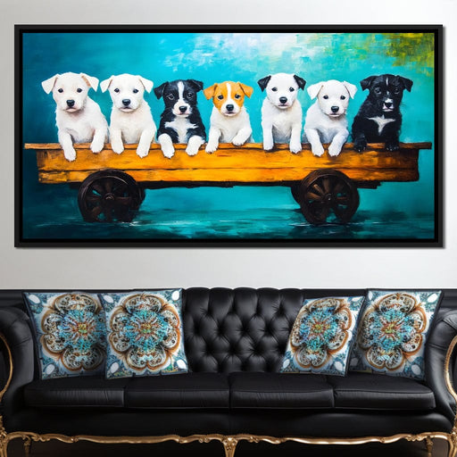 Puppy Parade on Wooden Wagon Canvas Print