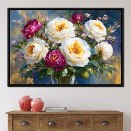Golden Peonies on Blue Background - NicheCanvas