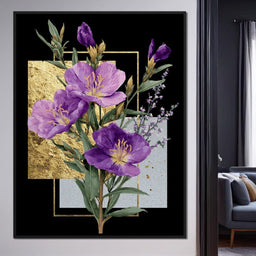 Golden Frame Violet Blossoms - NicheCanvas