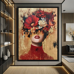 Gilded Red Floral Crown Portrait - NicheCanvas