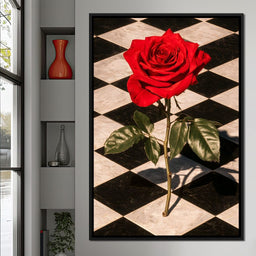 Red Rose on Checkerboard - NicheCanvas