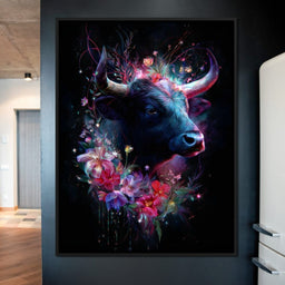 Cosmic Floral Bull Radiance - NicheCanvas