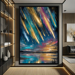 Golden Meteors Over Silent Lake - NicheCanvas