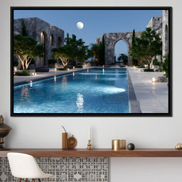 Moonlit Stone Courtyard Pool - NicheCanvas