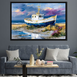 Coastal Boat Under Violet Sky - NicheCanvas