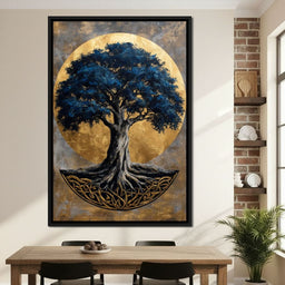 Golden Halo Blue Tree of Life - NicheCanvas