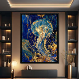 Golden Jellyfish Deep Blue Sea - NicheCanvas