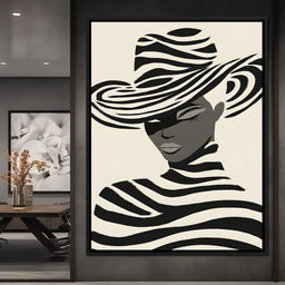 Monochrome Zebra Hat Lady - NicheCanvas
