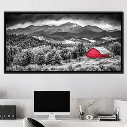 Red Barn in Monochrome Vista - NicheCanvas