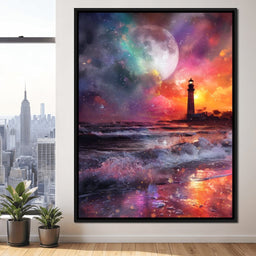 Celestial Lighthouse Tempest Waves - NicheCanvas