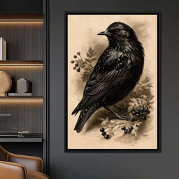 Solitary Starling Perched Upon Hawthorn Branch - NicheCanvas