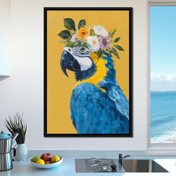 Floral Crown Blue Macaw Portrait - NicheCanvas