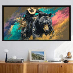 Cowboy Riding Wild Bear - NicheCanvas
