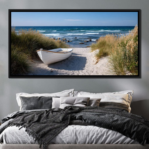 White Rowboat Coastal Dunes Canvas Print