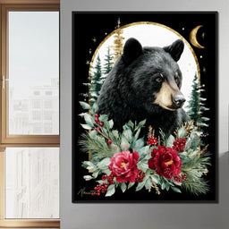 Moonlit Floral Gold Black Bear - NicheCanvas