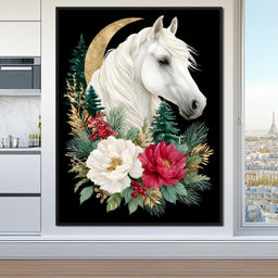 Moonlit Floral Gold White Horse - NicheCanvas