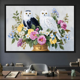 Snowy Owls Floral - NicheCanvas