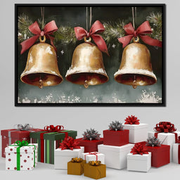Snow Kissed Golden Holiday Bells - NicheCanvas