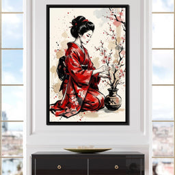 Japanese Woman with Cherry Blossoms - NicheCanvas