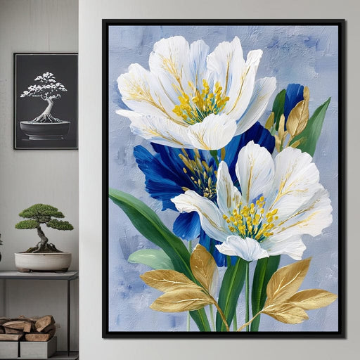White Peony Blue Petals Gold Canvas Print