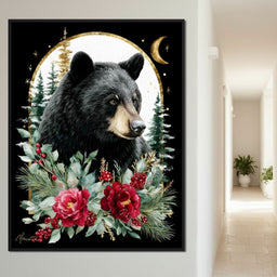 Moonlit Floral Gold Black Bear - NicheCanvas