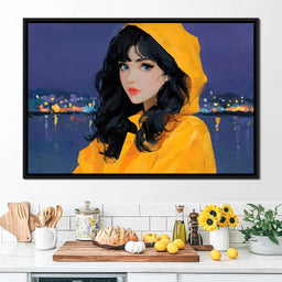 Raincoat Girl Under City Lights - NicheCanvas