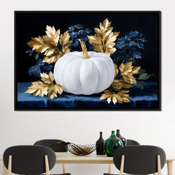 White Pumpkin And Golden Leaves - NicheCanvas