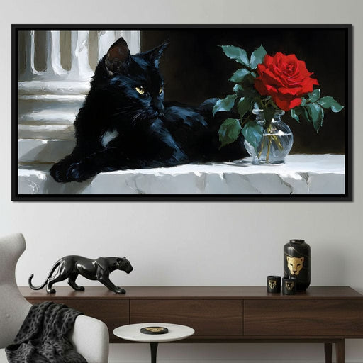 Black Cat and Red Rose Canvas Print