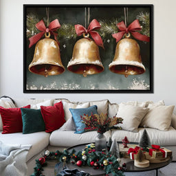 Snow Kissed Golden Holiday Bells - NicheCanvas