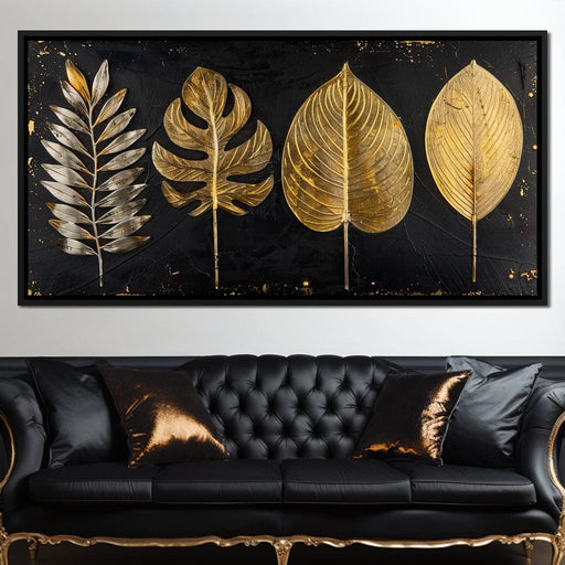Golden Leaves on Black Background Canvas Print
