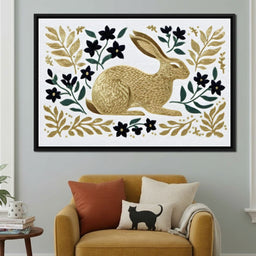 Golden Hare Botanical Folk Scene - NicheCanvas